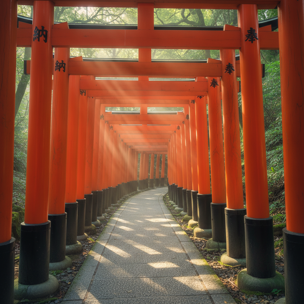 Kyoto's Fushimi Inari Shrine at sunrise featuring endless red torii gates winding up a lush green mountain with soft morning sunlight filtering through the gaps creating a rhythmic shadow pattern on the stone path.