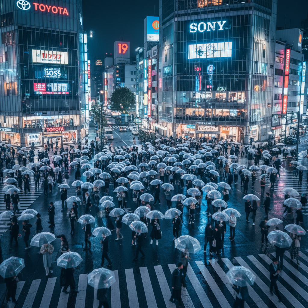 A high-angle view of Shibuya Crossing in Tokyo at night with vibrant neon signs reflected on the wet pavement and a sea of people with transparent umbrellas captured with a long exposure for a dynamic motion blur effect.