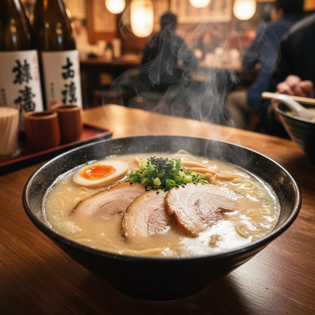 A steaming bowl of authentic Tonkotsu ramen served in a traditional wooden Izakaya with a close-up shot showing the creamy broth and tender chashu pork and a soft-boiled egg and green onions under warm ambient lighting.