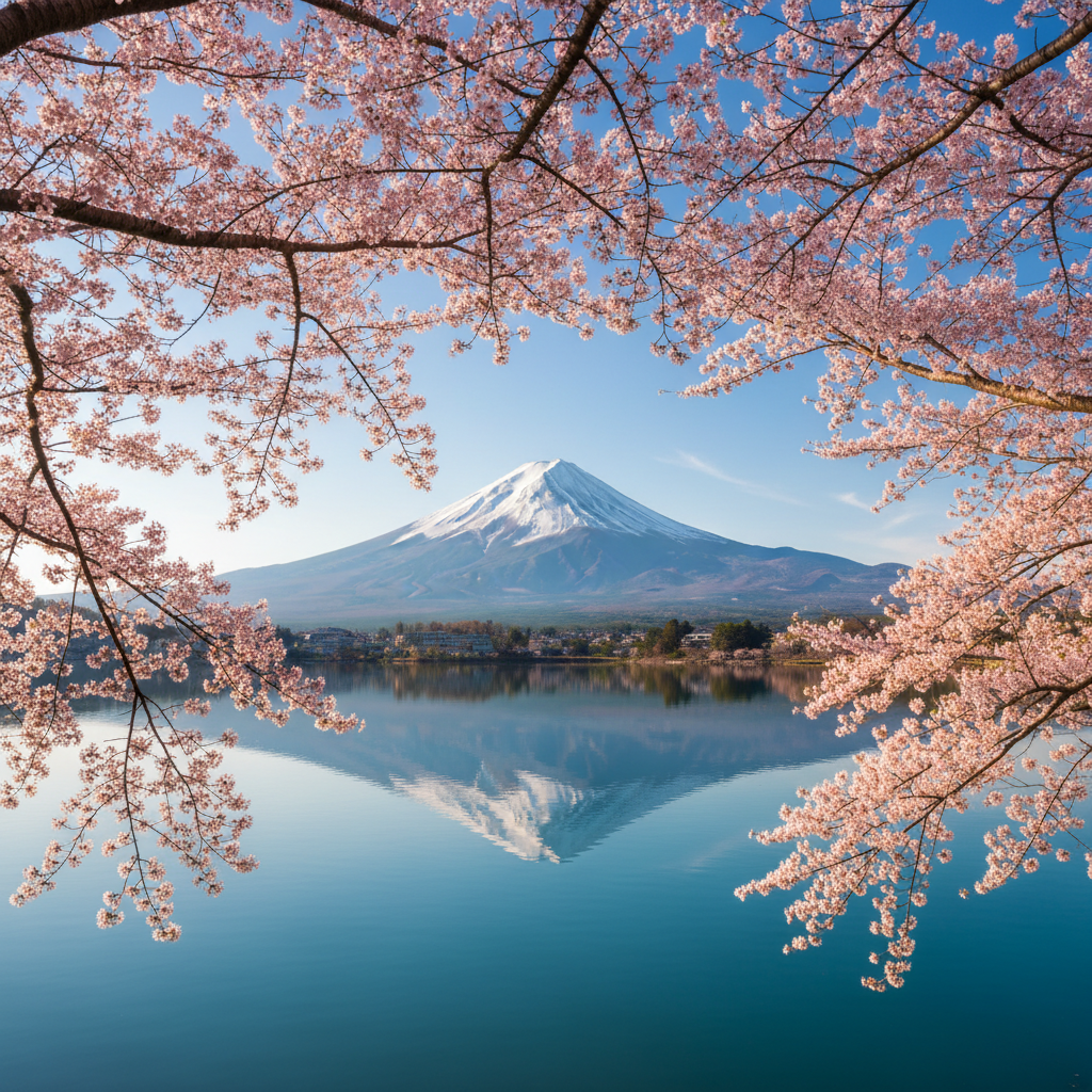 Mount Fuji's snow-capped peak framed by vibrant pink cherry blossoms in full bloom at Lake Kawaguchi with a clear blue sky in the background and tranquil water reflecting the mountain.