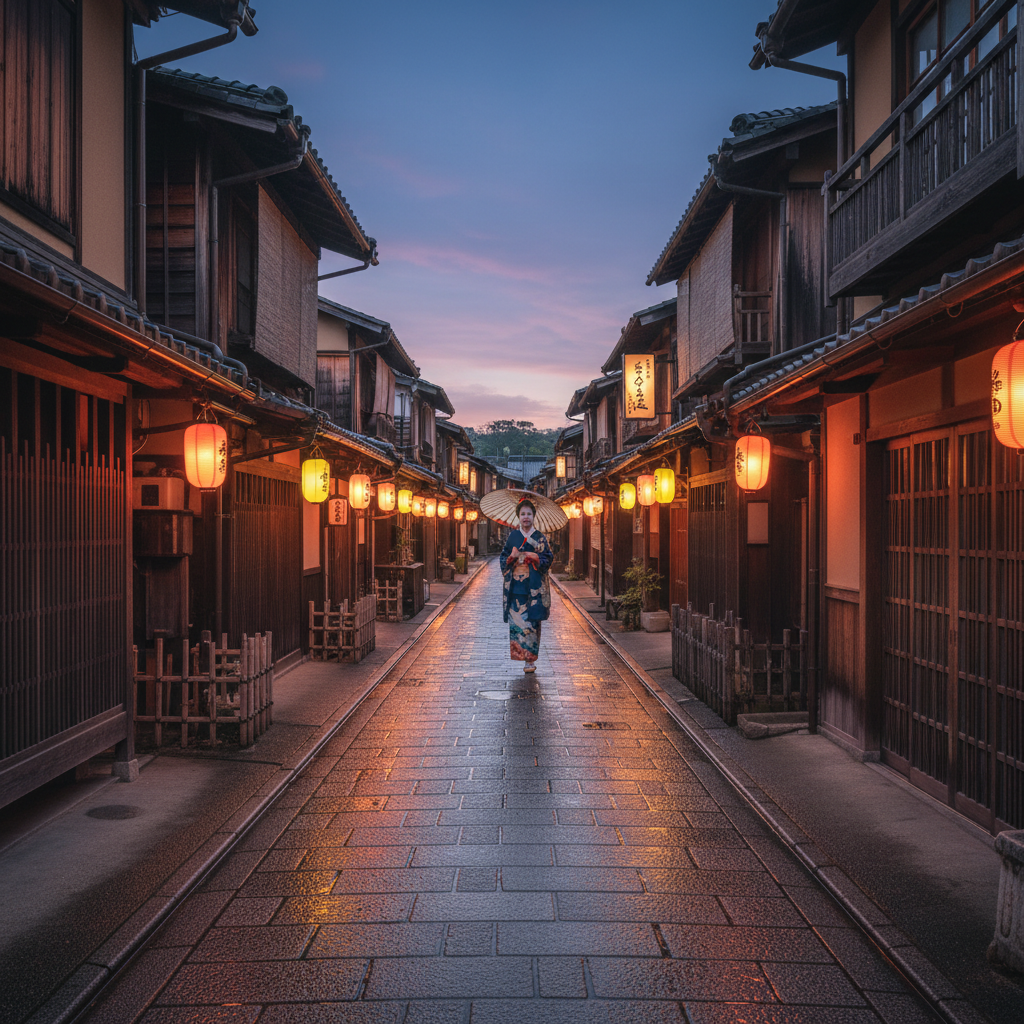 A narrow traditional street in Kyoto's Gion district at twilight illuminated by warm paper lanterns and wooden machiya houses with intricate lattice work and a glimpse of a geiko walking gracefully in the distance.