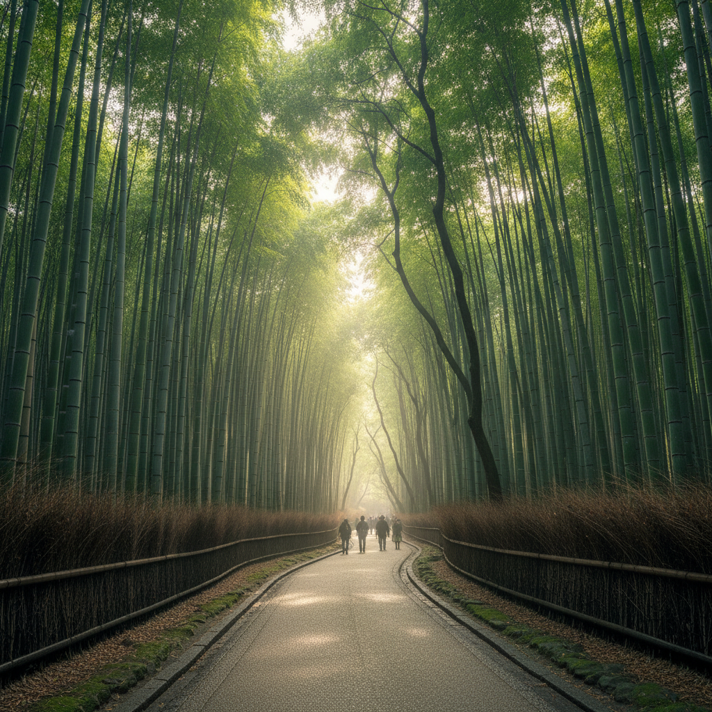 The Arashiyama Bamboo Grove in Kyoto with towering green bamboo stalks reaching toward the sky and a peaceful walking path with soft diffused sunlight creating a serene and mystical atmosphere.