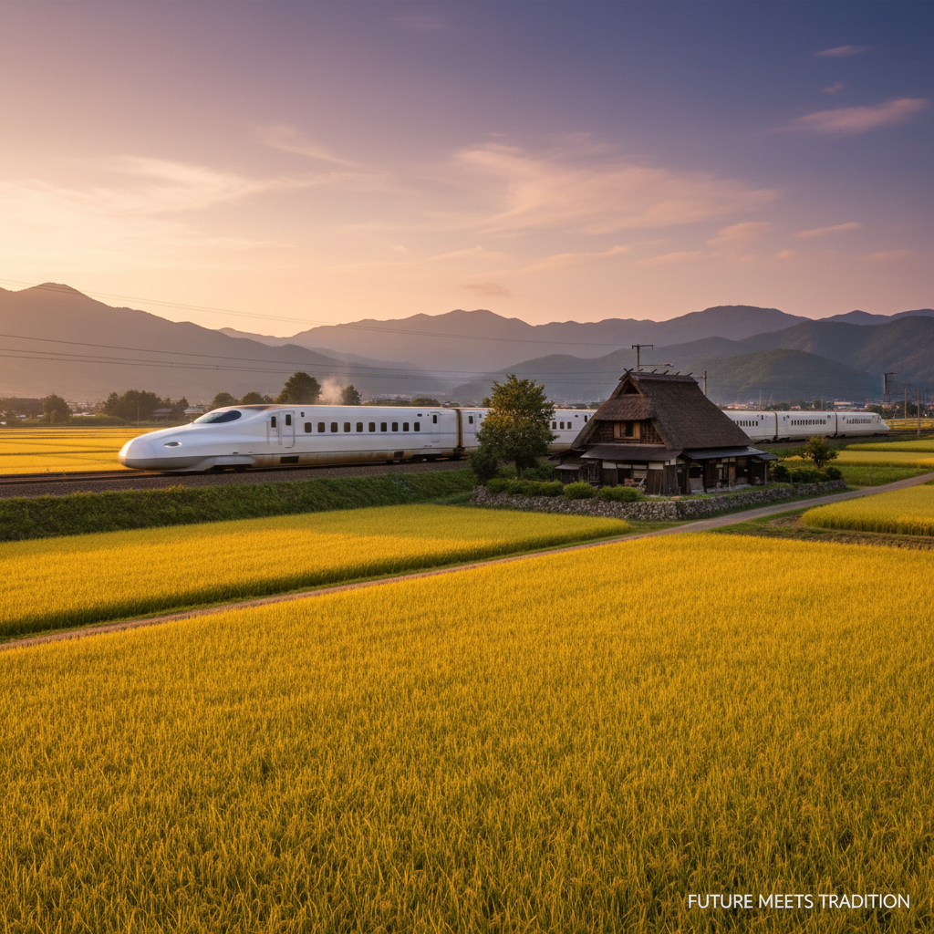 A white Shinkansen bullet train speeding past a golden rice field with a traditional Japanese farmhouse in the background symbolizing the harmony between advanced technology and rural heritage.